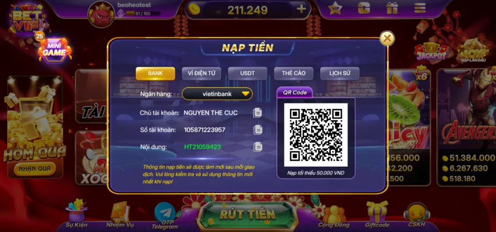 hướng dẫn nạp tiền betvip